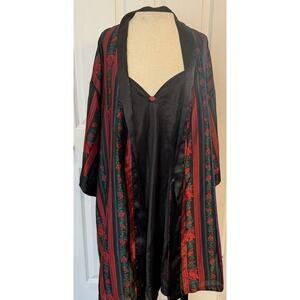 VTG‎ Satin Nightgown & Robe Set Sz LG Black/Red Floral Sexy Nightie Feminine EUC